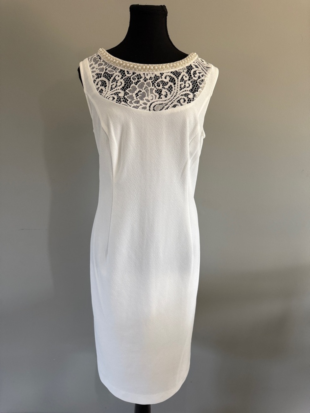 Elegant White Lace-Accent Midi Dress With Pearls Wedding Bridal